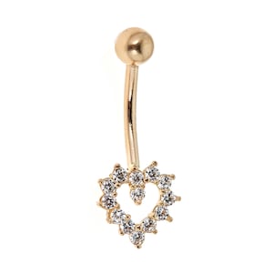 14k Solid Gold Cubic Zirconia Open Heart Belly Button Navel Ring Body Art (Yellow Gold or White Gold)