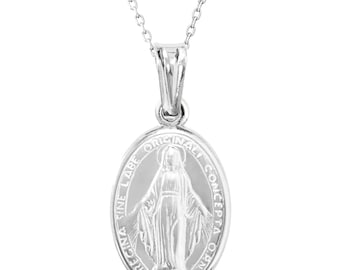 Sterling Silver Miraculous Mary Italian Medal Regular 19mm Charm Pendant Necklace