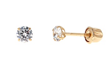 May include: A pair of gold screw-back earrings with a clear round cubic zirconia stone.