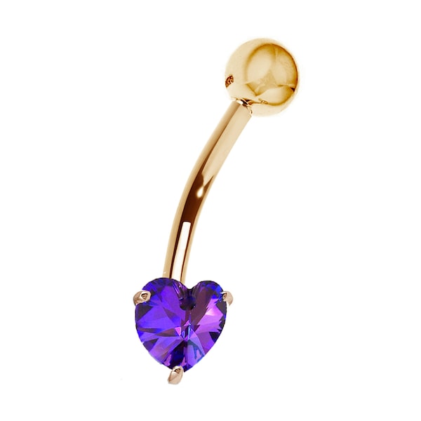 14k Solid Gold Amethyst Heart Belly Button Navel Ring Body Art (Yellow Gold or White Gold)