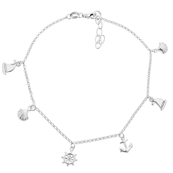 Sterling Silver Nautical Ankle Charm Dangle Rolo Link Chain Anklet Ankle Bracelet 9-10 Inches