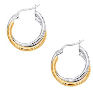 Two-Tone Intertwined Hoop Earrings Sterling Silver 925 overlay Yellow Gold Tone Classic Polished shiny finish three sizes 20mm 25mm 30mm