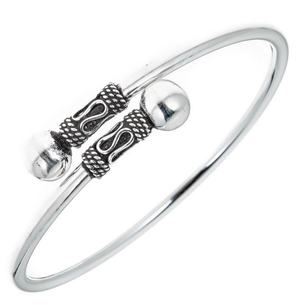 Sterling Silver Oxidized Tribal Design Cuff Expandable Polished Slip On Bangle Bracelet 8 Inch