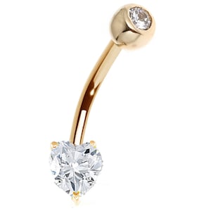 14k Solid Yellow Gold CZ Heart Belly Button Navel Ring Body Art 14 gauge (Yellow or White)