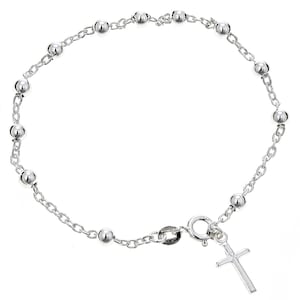 Sterling Silver Beaded Rosary Dangle Cross Bracelet Adjustable 7 Inches, Prayer Chaplet, Catholic Fait Blessings