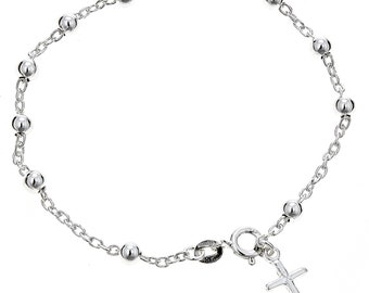 Sterling Silver Beaded Rosary Dangle Cross Bracelet Adjustable 7 Inches, Prayer Chaplet, Catholic Fait Blessings
