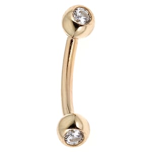 14k Solid Gold Eyebrow Ring, Eyebrow Piercing, Barbell Piercing, Curved CZ barbell, Cubic Zirconia 16 Gauge