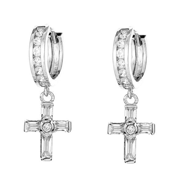 Sterling Silver Cubic Zirconia Channel Set Huggy Huggie Dangle Cross Earrings 3x13.5mm