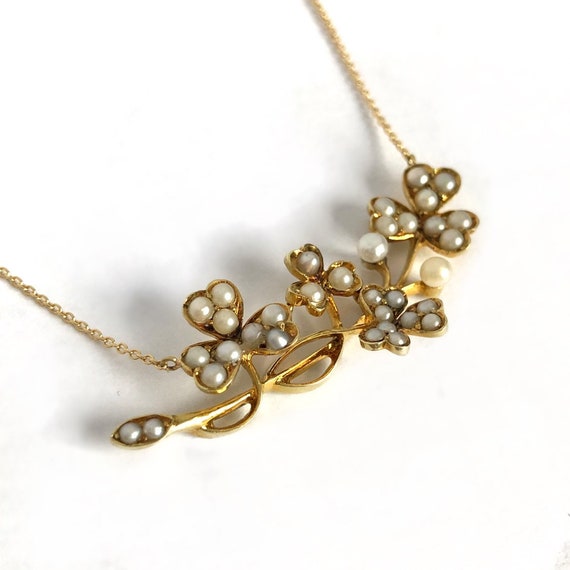 Antique Gold and Pearl Clover Necklace (Brooch Co… - image 5