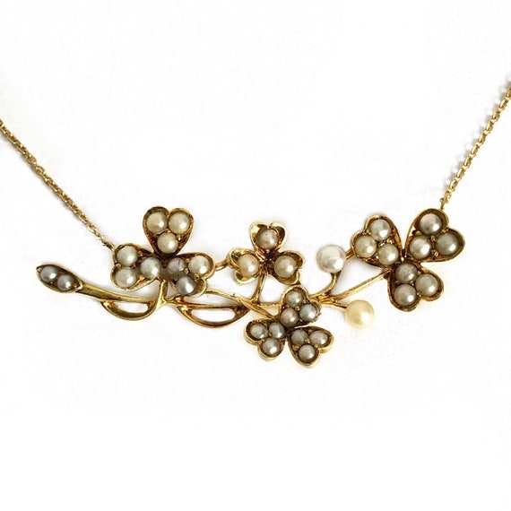 Antique Gold and Pearl Clover Necklace (Brooch Co… - image 3