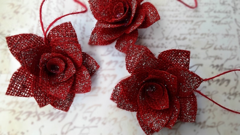 Christmas Tree Ornament Burlap Wild Roses Red Burlap Christmas Etsy