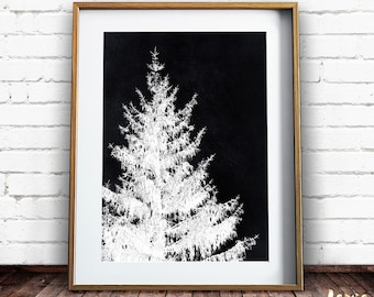 Pine Tree Print, Scandinavian Art, Black and White Print, Tree Stencil, White on Black, Printable Wall Art, Instant Download