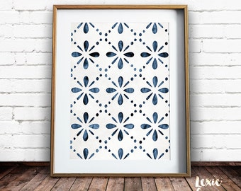 Scandinavian Art, Indigo Print, Indigo Pattern, Modern Wall Art, Instant Printable, Watercolor Pattern, Printable Wall Art