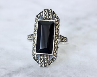 Vintage Sterling Silver Onyx Marcasite Ring Size 9, Art Deco Revival Statement, Geometric Black Onyx Cocktail Ring, Antique Style Jewelry