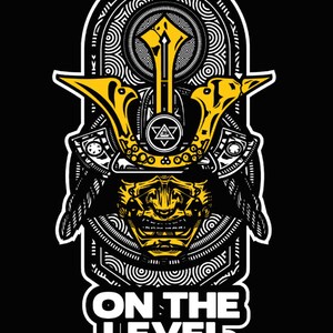May include: A graphic illustration of a yellow and black samurai helmet with intricate details. The design includes a face mask, decorative elements, and the text "ON THE LEVEL" in a white, outlined font against a black background.