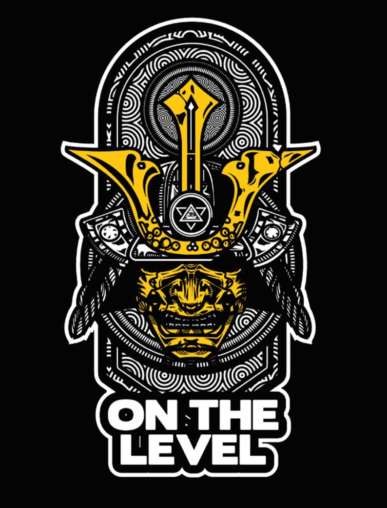 May include: A graphic illustration of a yellow and black samurai helmet with intricate details. The design includes a face mask, decorative elements, and the text "ON THE LEVEL" in a white, outlined font against a black background.