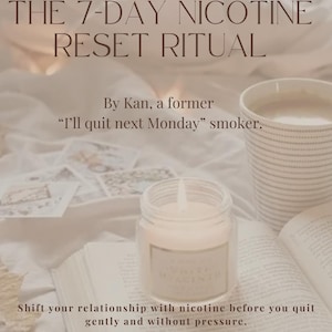 May include: A candle in a glass jar sits on an open book, with a cup of coffee and cards in the background. The text reads "THE 7-DAY NICOTINE RESET RITUAL" and "KAN HOLISTIC WELLNESS".