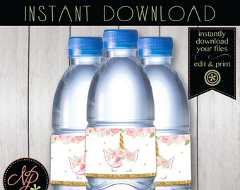 May include: Three water bottles with blue caps. Each bottle has a label featuring a unicorn head with a gold horn, pink flowers, and gold glitter accents. The labels read "PRINTABLE | EDITABLE FILE". The image also says "INSTANT DOWNLOAD".