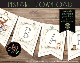 Woodland Baby Shower Banner, Woodland Animals Shower Banner, Woodland Animals Decorations, Instant Download Printable Editable File