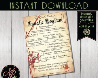 Halloween Printable Lunatic Asylum Invitation, Halloween Invite, Printable Halloween Invite, Halloween Party Download, Instant Download pdf