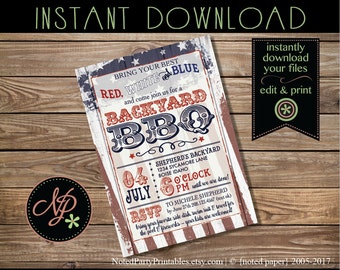 Antique Fourth of July Invitation, PRINTABLE 4th of July BBQ Invite, Independence Day Invite, Instant Download pdf, Red White &Blue BBQ
