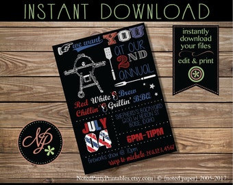 Fourth of July Invitation  | PRINTABLE 4th of July Invitation | Red White & Brew BBQ | Independence Day Invite | Instant Download PDF Invite