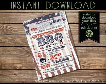 Citizenship Celebration Invitation  | Antique Citizenship BBQ Invite | Naturalization Day Invite | Naturalization BBQ | Instant Download pdf