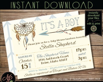 Tribal Boho Baby Shower Invitation | Boy Tribal Baby Shower Invite | Boho Baby Shower | Instant Download File | Personalize Print @ Home pdf