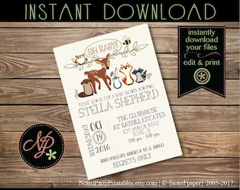 Woodland Animal Baby Shower Invitation, Woodland Baby Shower, Woodland Invitation, Rustic Baby Shower Invite, Forest Baby Shower Invite