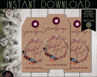 Friendsgiving Gift Tags, Friendsgiving  Favor Tags, Boho Style Gift Tags, Boho Favor Tags,  Instant Download Personalize Print at Home pdf
