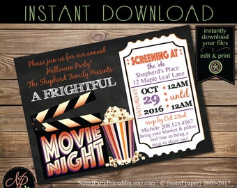 Halloween Party Invitation, Printable Chalkboard Halloween Party Invite, Halloween Party Movie Night Invite , Instant Edit, Download pdf