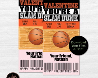 Kids Valentine Cards, Basketball Valentines Ticket, Kids Basketball Valentines, Valentines Day cards, Digital Printable, We Add Name For You