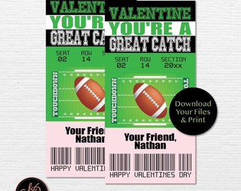 Kids Valentine Cards, Football Valentines Ticket, Kids Football Valentines, Valentines Day cards, Digital Printable, We Add Name For You