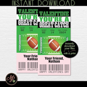 Football Valentines, Sports Ticket Valentines Cards, Printable Football Valentine Tickets, Football Valentine's Day Cards, INSTANT DOWNLOAD