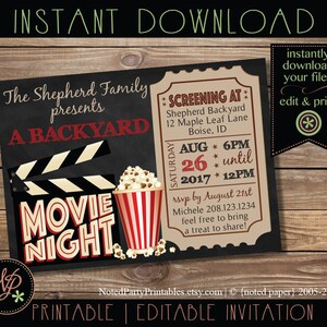 May include: Printable invitation for a backyard movie night. The invitation features a chalkboard background with a movie clapperboard and popcorn bucket. The text reads "The Shepherd Family presents A Backyard Movie Night". The invitation also includes details about the event, such as the date, time, and location.