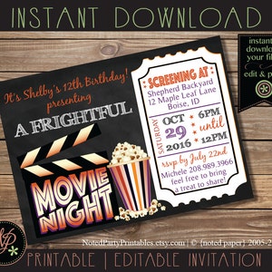 May include: A printable movie night invitation with a chalkboard design. The invitation features a clapperboard, popcorn, and the words "Movie Night" in a retro font. The invitation is for Shelby's 12th birthday.
