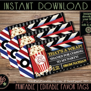 Movie Night Favor Tags, Movie Night Party Favors, Movie Night Chalkboard Favor Tags, Movie Night Themed Favor, Instant Download pdf File