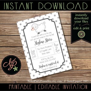 May include: A baby shower invitation with a white background and gray polka dots. The invitation features a cartoon sheep illustration and text that reads "A sweet little lamb is on the way." The invitation includes event details and the text "PRINTABLE | EDITABLE INVITATION."