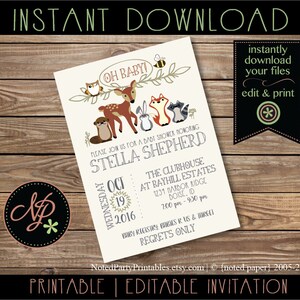 May include: A printable baby shower invitation with woodland animal illustrations, including a deer, fox, and raccoon. The invitation features the text "Oh Baby!" and event details for Stella Shepherd's baby shower, including the date, time, and location.