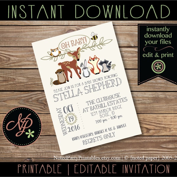 Woodland Animal Baby Shower Invitation, Woodland Baby Shower, Woodland Invitation, Rustic Baby Shower Invite, Forest Baby Shower Invite