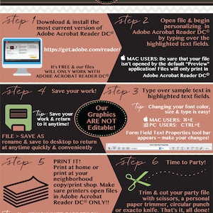 May include: A guide for editing PDF files, featuring a step-by-step process. The design uses a color palette of black, brown, and green. Instructions include downloading Adobe Acrobat Reader, saving, printing, and trimming party files. Text includes "happy party planning, my friend!"