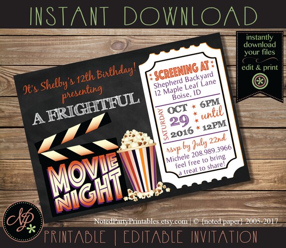 Halloween Birthday Invitation | Printable Chalkboard Halloween Party Invite | Halloween Birthday  Movie Night Invite | Instant Download pdf