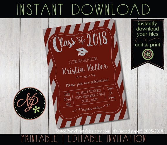 Graduation Invitation Maroon Silver Graduation Invitation Etsy