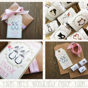 Étiquettes de faveur pour baby shower Woodland Twins et mini emballages de barres chocolatées Hershey | Cadeaux de naissance jumeaux | Imprimable Modifiable