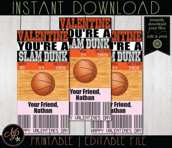 Kids Valentine Cards Printable Basketball Valentines Tickets Etsy
