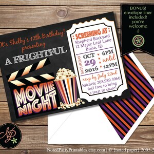 May include: A movie night invitation with a chalkboard-style background. The invitation features a film clapboard, popcorn, and the words "A Frightful Movie Night." Details include the date, time, and location of the event. An envelope with a striped liner is included.