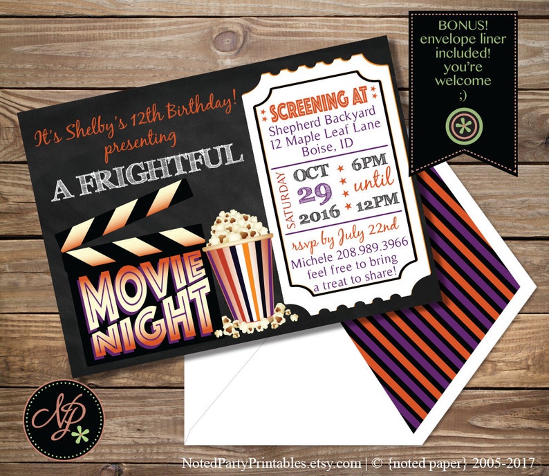 May include: A movie night invitation with a chalkboard-style background. The invitation features a film clapboard, popcorn, and the words "A Frightful Movie Night." Details include the date, time, and location of the event. An envelope with a striped liner is included.
