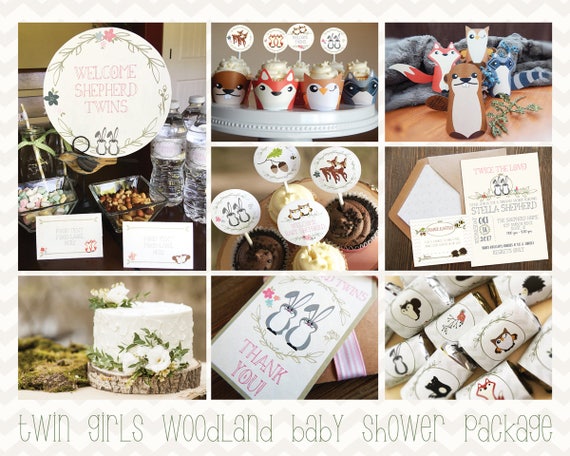 Twins Woodland Animals Baby Shower Printable Set Twin Girls Etsy