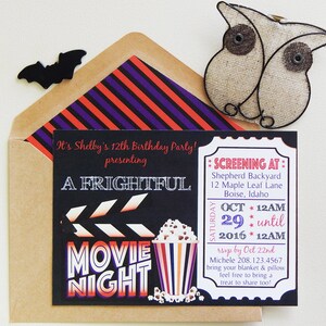 May include: A Halloween-themed movie night invitation with a black background and a popcorn graphic. The invitation includes the text "A Frightful Movie Night" and event details. A brown envelope and decorative bat and owl accents complete the design.