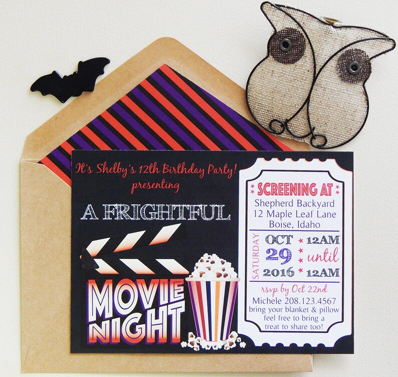 May include: A Halloween-themed movie night invitation with a black background and a popcorn graphic. The invitation includes the text "A Frightful Movie Night" and event details. A brown envelope and decorative bat and owl accents complete the design.
